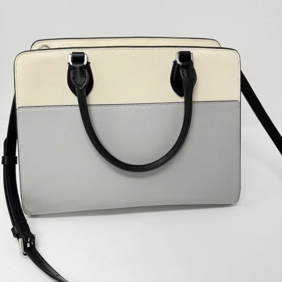 Kate Spade Madison Colorblock Saffiano Medium Satchel Bag Cream/Plat. Gray/Black - Picture 4 of 17